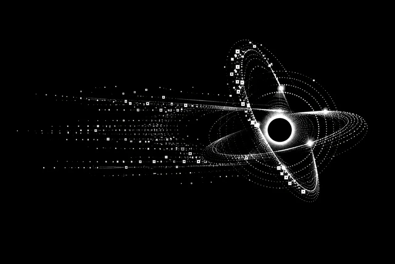 Illustration monochrome en trame ASCII d’un noyau orbital abstrait composé de trois bandes de données.