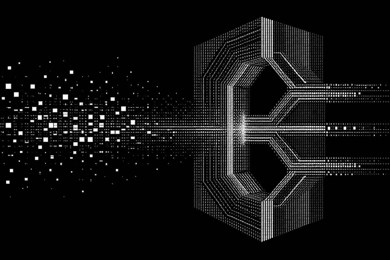 Illustration monochrome en trame ASCII d’un flux de données traversant une passerelle de protocole.