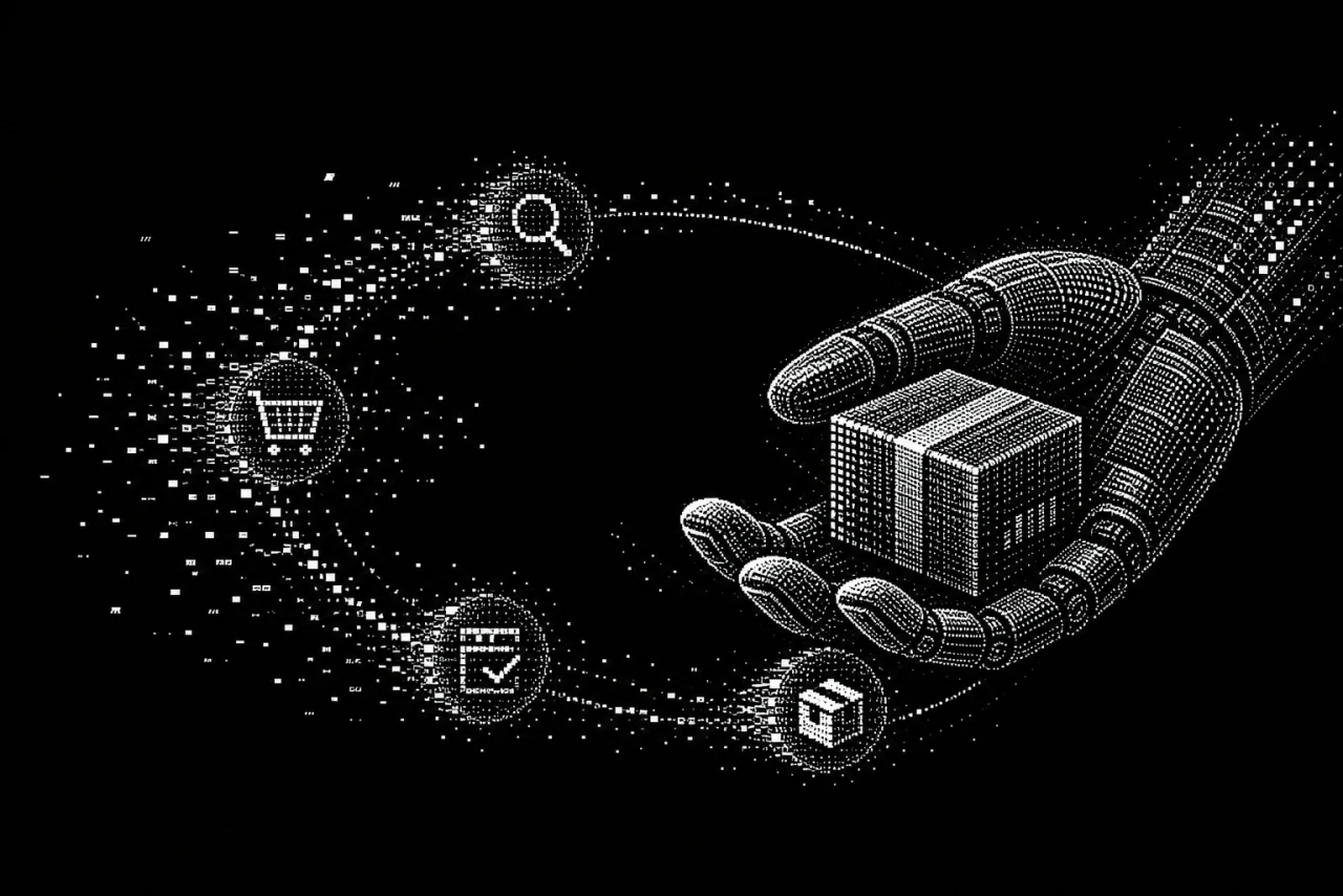 Illustration monochrome en trame ASCII d’une main robotique tenant un objet commercial, reliée à quatre étapes du cycle UCP.