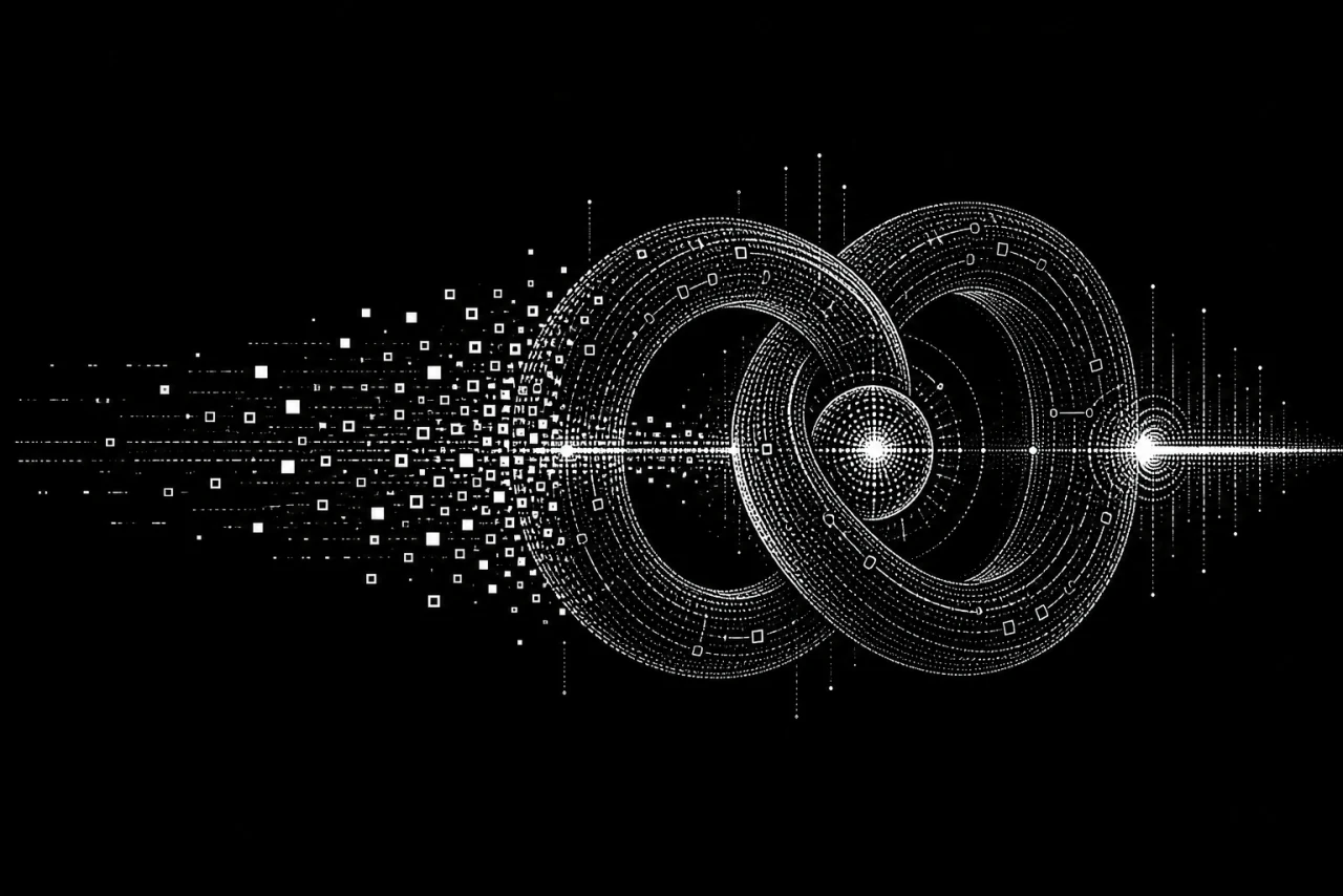 Illustration monochrome en trame ASCII de deux anneaux cryptographiques autour d’un jeton central.
