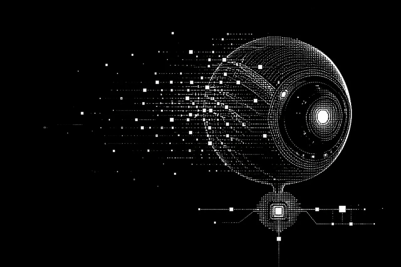 Illustration monochrome en trame ASCII d’un capteur autonome relié à un signal commercial.