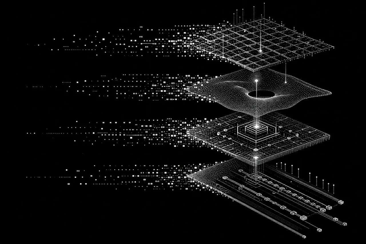 Illustration monochrome en trame ASCII de quatre couches techniques superposées et reliées par un signal vertical.