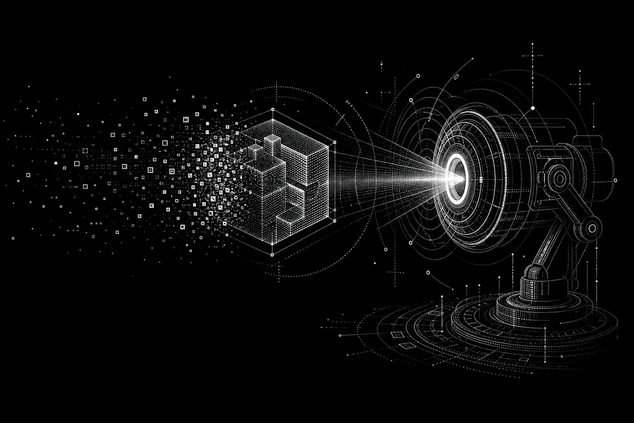 Illustration monochrome en trame ASCII d’un instrument optique analysant un cube de données.